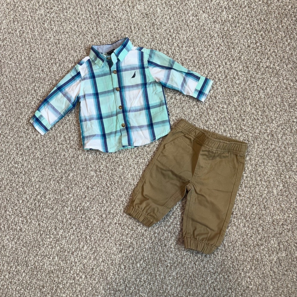 Nautica Baby Boys Outfit Set Size 3-6 Months‎ Plaid Shirt Khaki Pants Infant